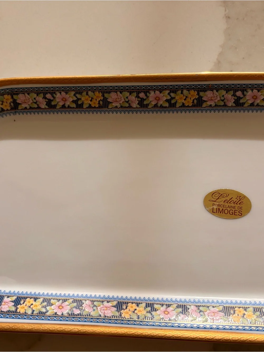 Limoges White Porcelain Vanity Tray with Pink and Yellow Floral Border